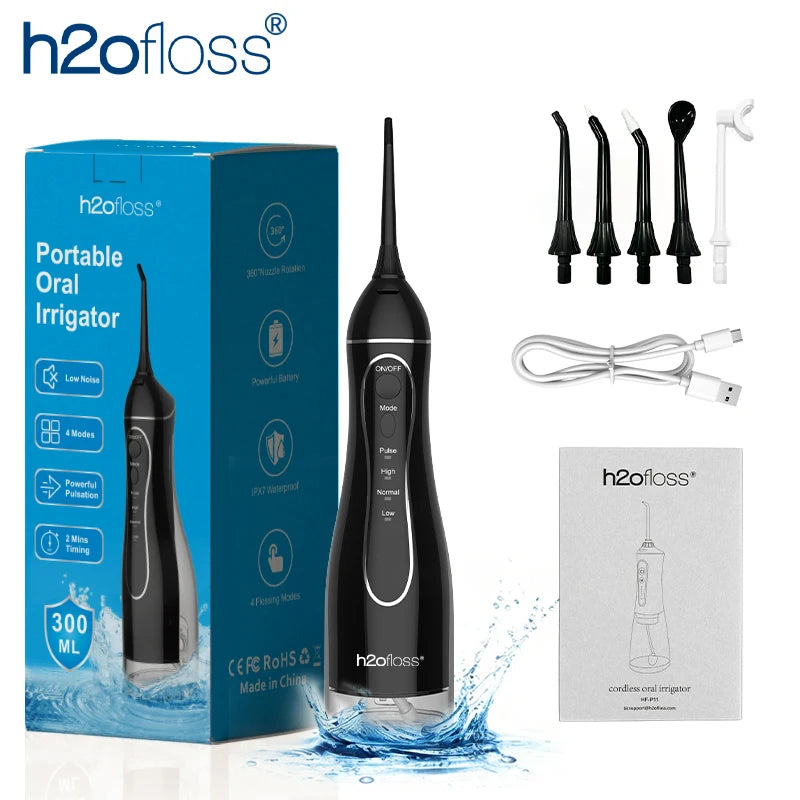 H2ofloss Water Flosser 300ml Oral Irrigator 140PSI with Gravity Ball Design 5 Modes 5 Tips USB Rechargeable for Teeth Cleaning