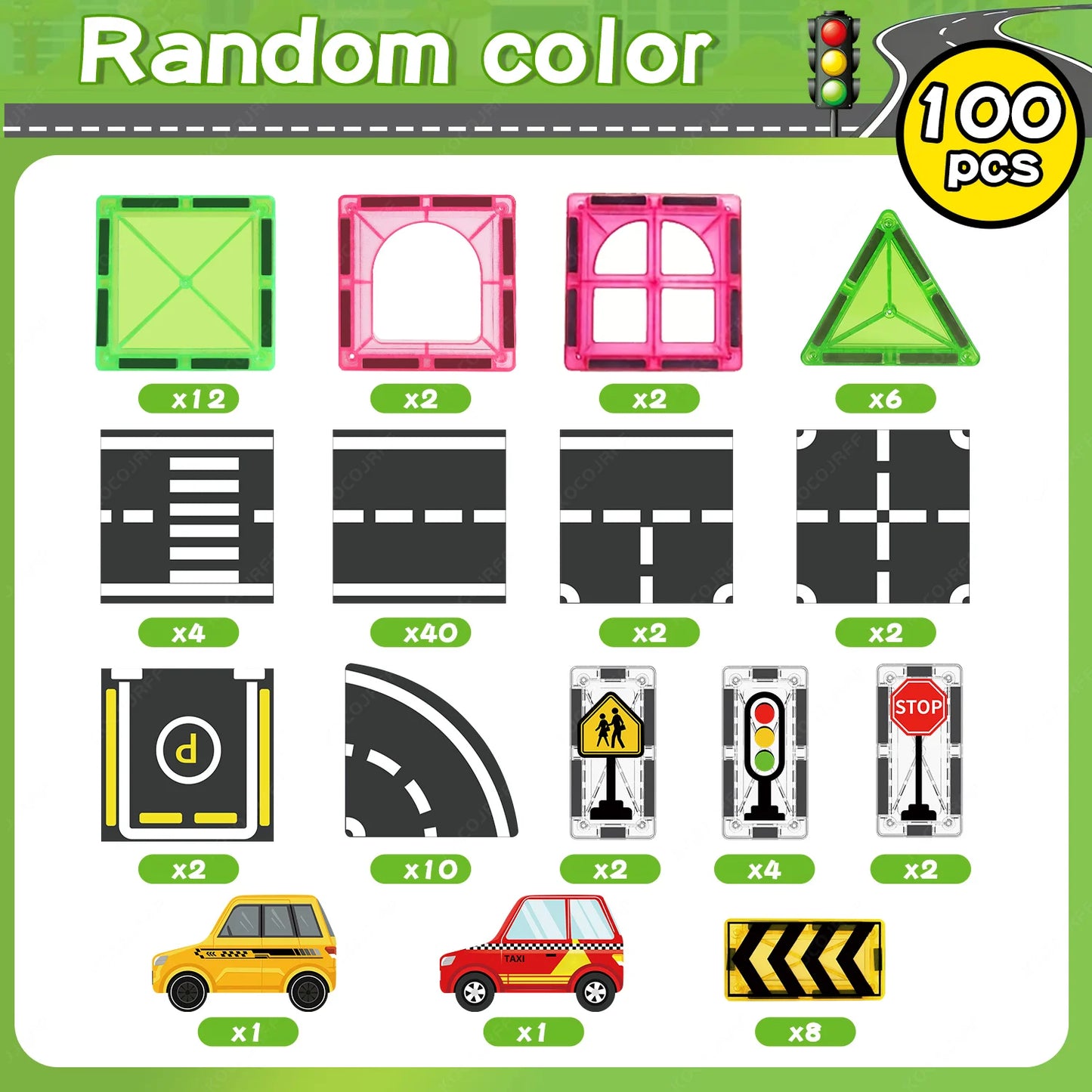 Magnetic City Road Building Set with Magnetic Signs & Toy Cars, Kids STEM Educational Toy. Safe Magnetic Blocks for Boys & Girls