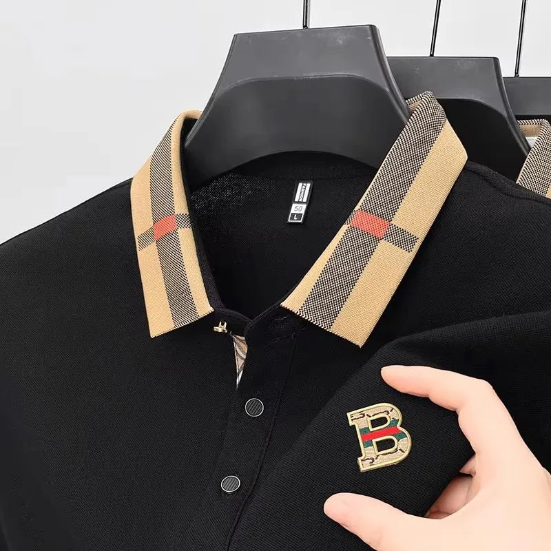 Luxury brand logo short sleeved polo shirt for men's summer new high-end silk cotton breathable casual fashion T-shirt clothing