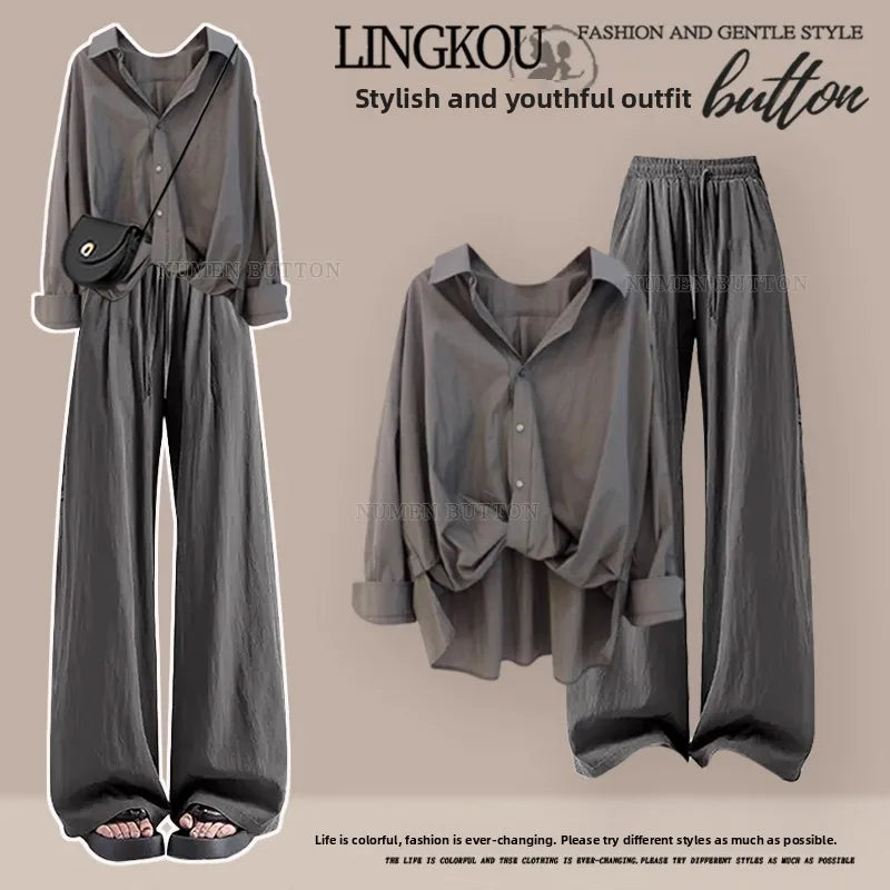 Summer Vintage plus Size Set Women's Fashion Asymmetrical Long Sleeve Thin Shirt Versatile Slimming Casual Pants Two Piece Set