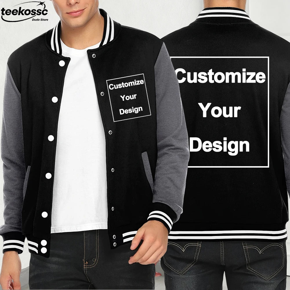 Custom Jackets Mens Autumn Loose Baseball Jersey DIY Logo/Graphic Tops Comfortable Coats Basics Pocket Fleece Warm Clothes
