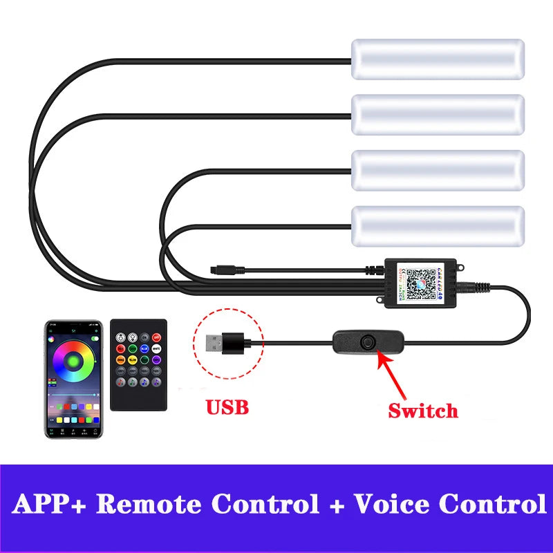 LED RGB Car Foot Ambient Light With USB Wireless Remote Voice Music APP Control Cigarette Lighter Car Footwell Lights
