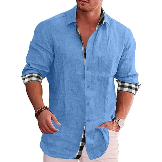 Men's Casual Long Sleeve Cotton Linen Shirt with Checkered Cuff and Pocket Design - Comfortable, Breathable, Plus Size Available