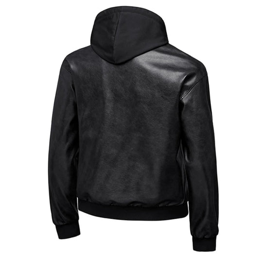 Hooded Leather Motorbiker Jacket Men's Streetwear Fake Two PU Leather Jackets Winter New Biker Coats Men Motorcycle Leather Coat