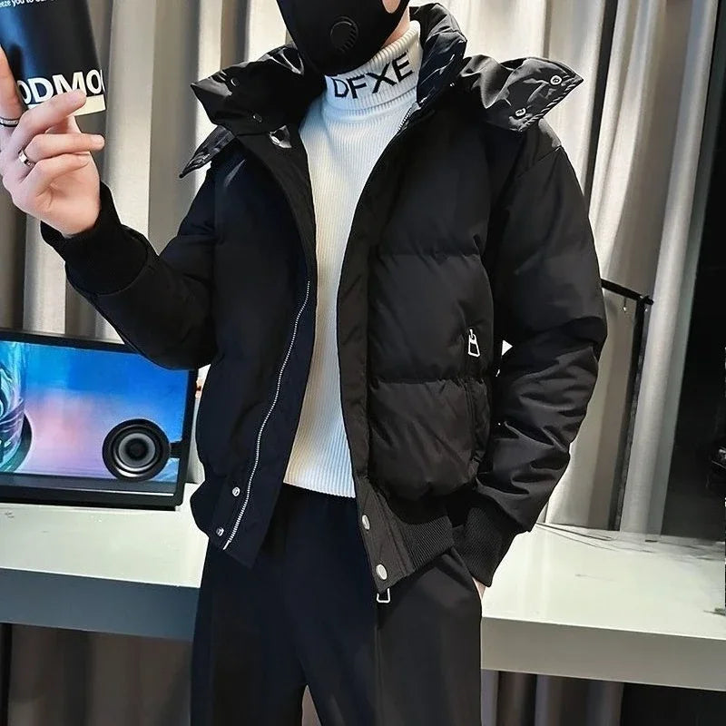 Heavy Duty Men's Cotton Padded Coat 2025 Trendy Hooded Jacket with Detachable Hood Zipper Closure