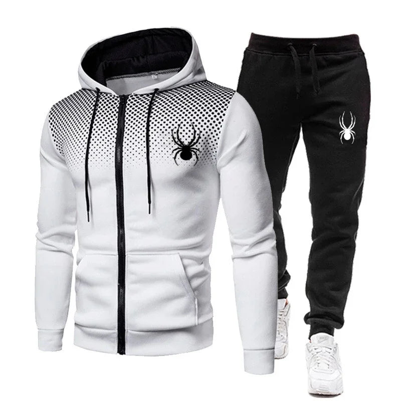 2026 Spring Winter spider print zipper long-sleeved hoodie + stretch waist pants two-piece men's sports jogging fitness suit