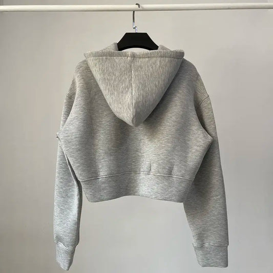 Trendy American Hot Girl Color Air Layer Loose Hoodie Women Spring Autumn Sports Belly Short Top Polyester Spandex