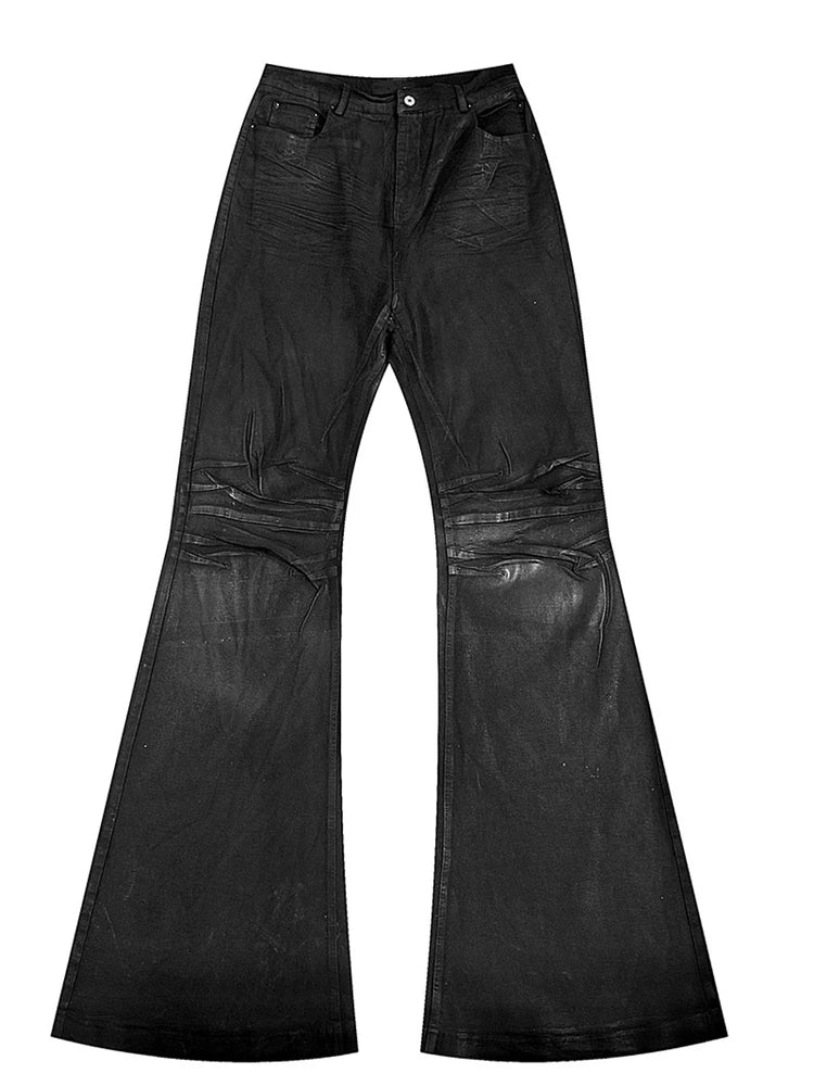 Handmade Bootcut Jeans Men's High Street Style Heavyweight Wax Coated Black Leather Bootcut Jeans Casual Wear Autumn Season