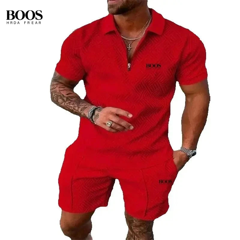Summer Men's High-Quality Half Zipper Polo Shirt+Casual Shorts Set, Outdoor Sports and Leisure Beach Two-Piece Set