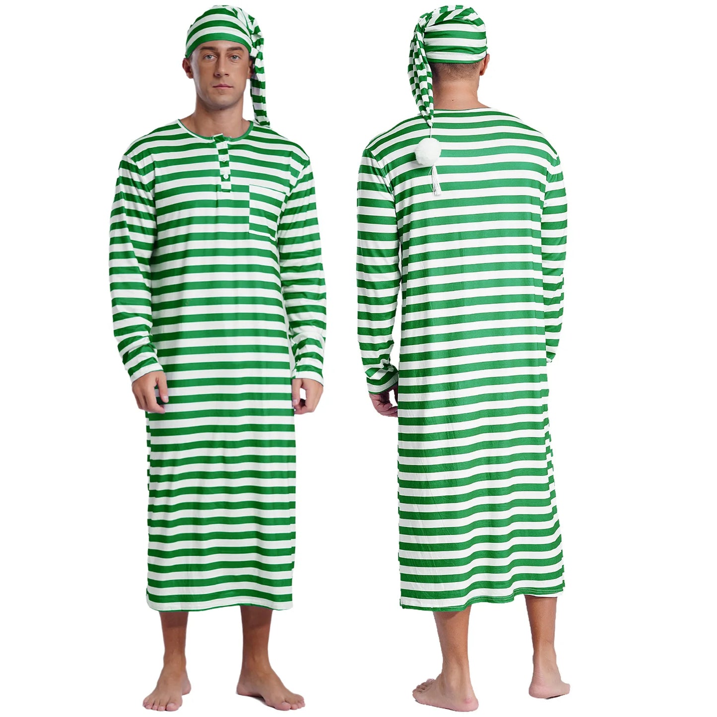 Mens Striped Long Sleeve Nightshirts Sleepwear Round Neck Loose Pajamas Robe Sleepshirt with Night Cap Christmas Loungewear