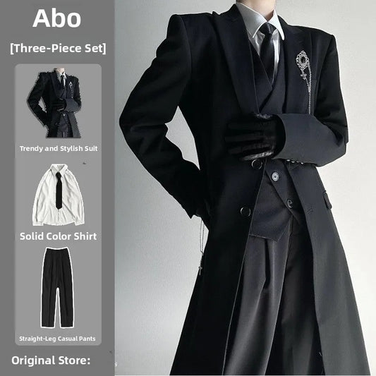 2025 New Long Tailored Coat Jacket Four-Piece Set Neutral Style Shoulder-Length Black High-End Feelings Casual Youth Fashion