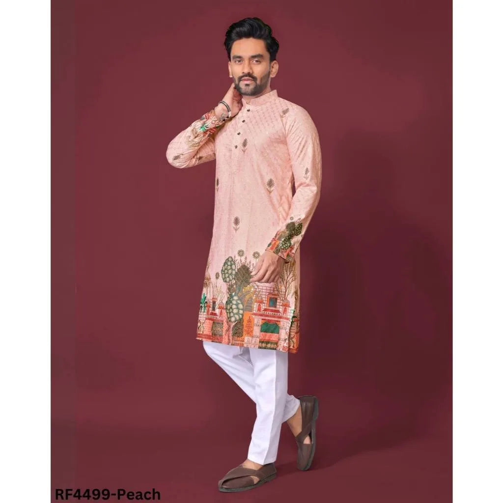 Men Digital Printed Kurta Shirt Regular Fit Mandarin Collar Long Suitable All Occasions Such Wedding Hari Raya National style