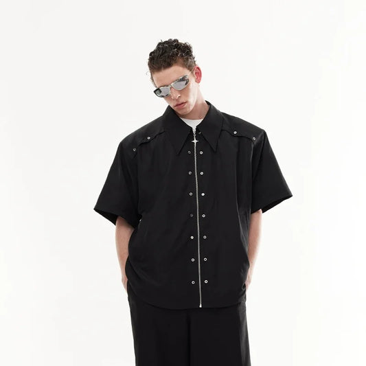 Men's Metal Zipper Button Solid Y2K Summer Shirts 2026 High Street Fashion Trend Casual T-shirts Moto & Biker Oversized Tee Tops