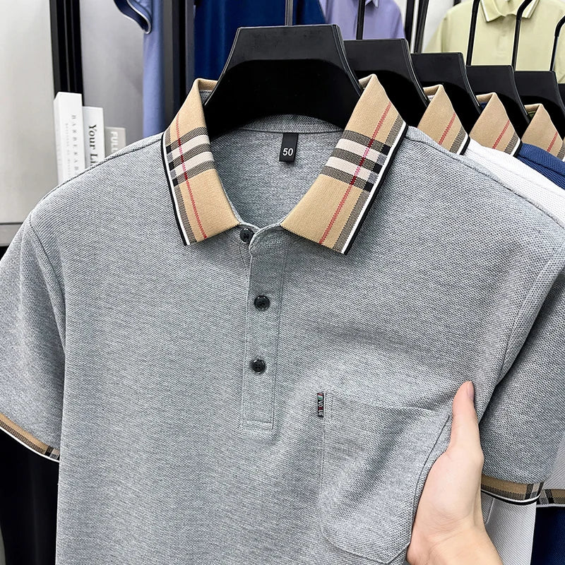 100% Pure Cotton Short Sleeved T-shirt for Men Summer Collar Middle-aged Casual Real Pocket Dad's Polo Shirt