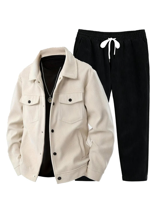 Men's Corduroy Jacket And Pants Set Solid Color Fashionable Casual Outfit for Shopping Spring/Autumn Wear