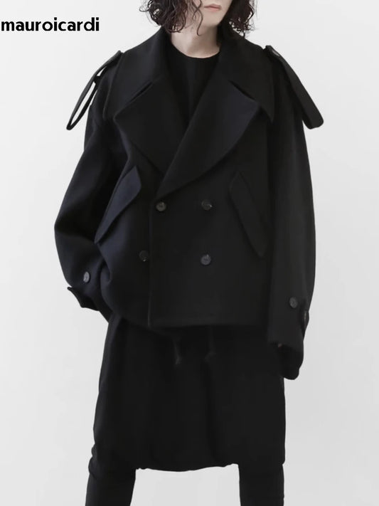 Mauroicardi Autumn Winter Warm Oversized Black Woolen Coat Men Cool Loose Luxury Dark Academia Aesthetic Vintage Clothes 2023