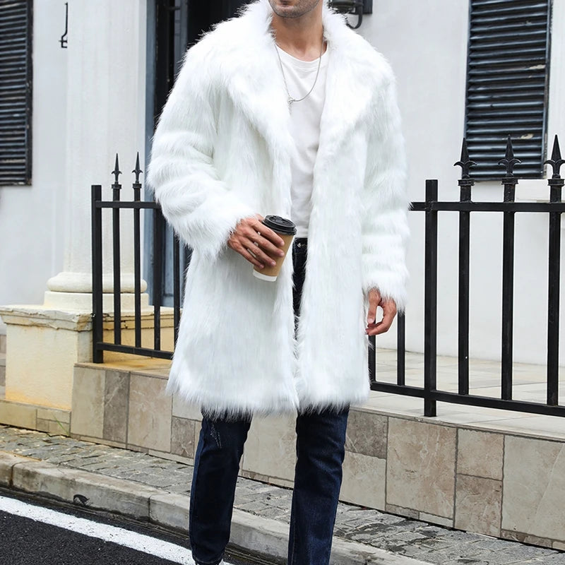 Men s Faux Fur Hooded Parka Winter Warm Long Sleeve Solid Color Print Long Jacket Open Front Overcoat with Pockets