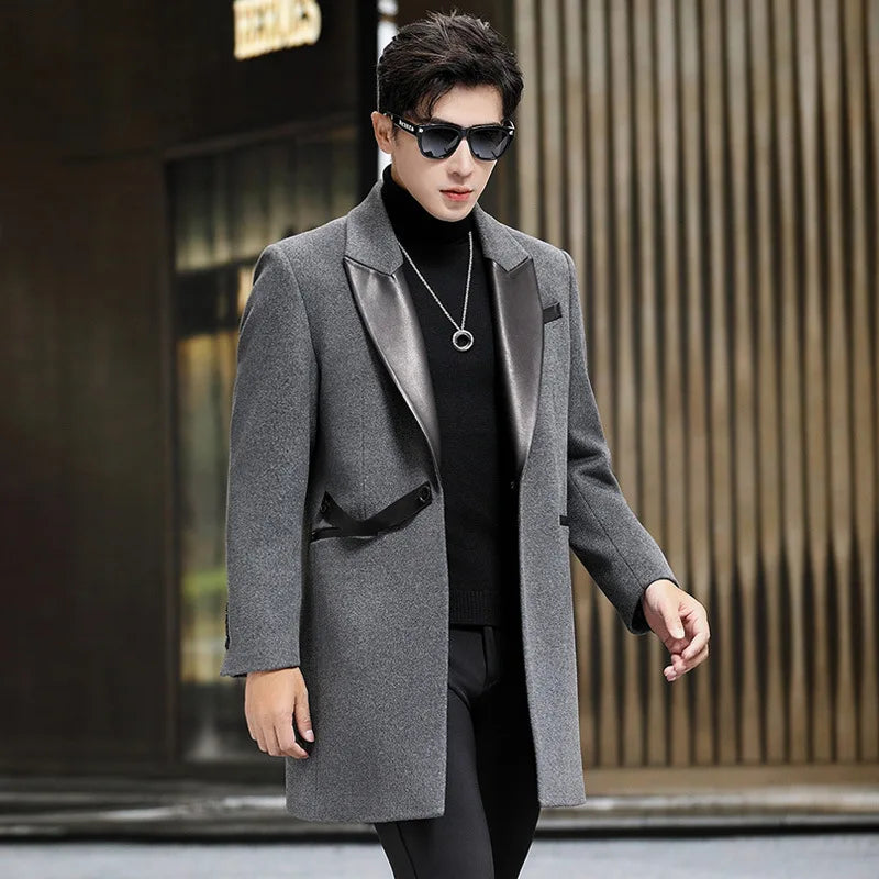 YOLANFAIRY Brand High Quality Sheepskin Spliced Wool Coat Man Jacket Autumn Winter Men's Mid-length Suit Collar Trench Coats