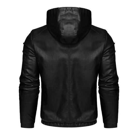 Men's Casual Black Hooded PU Leather Biker Jacket