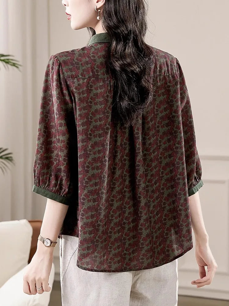 Retro plus Size Women's Shirt Loose Fit Floral Print Seven-Quarter Sleeve Cover up Top Summer New Arrival Collar Button ...