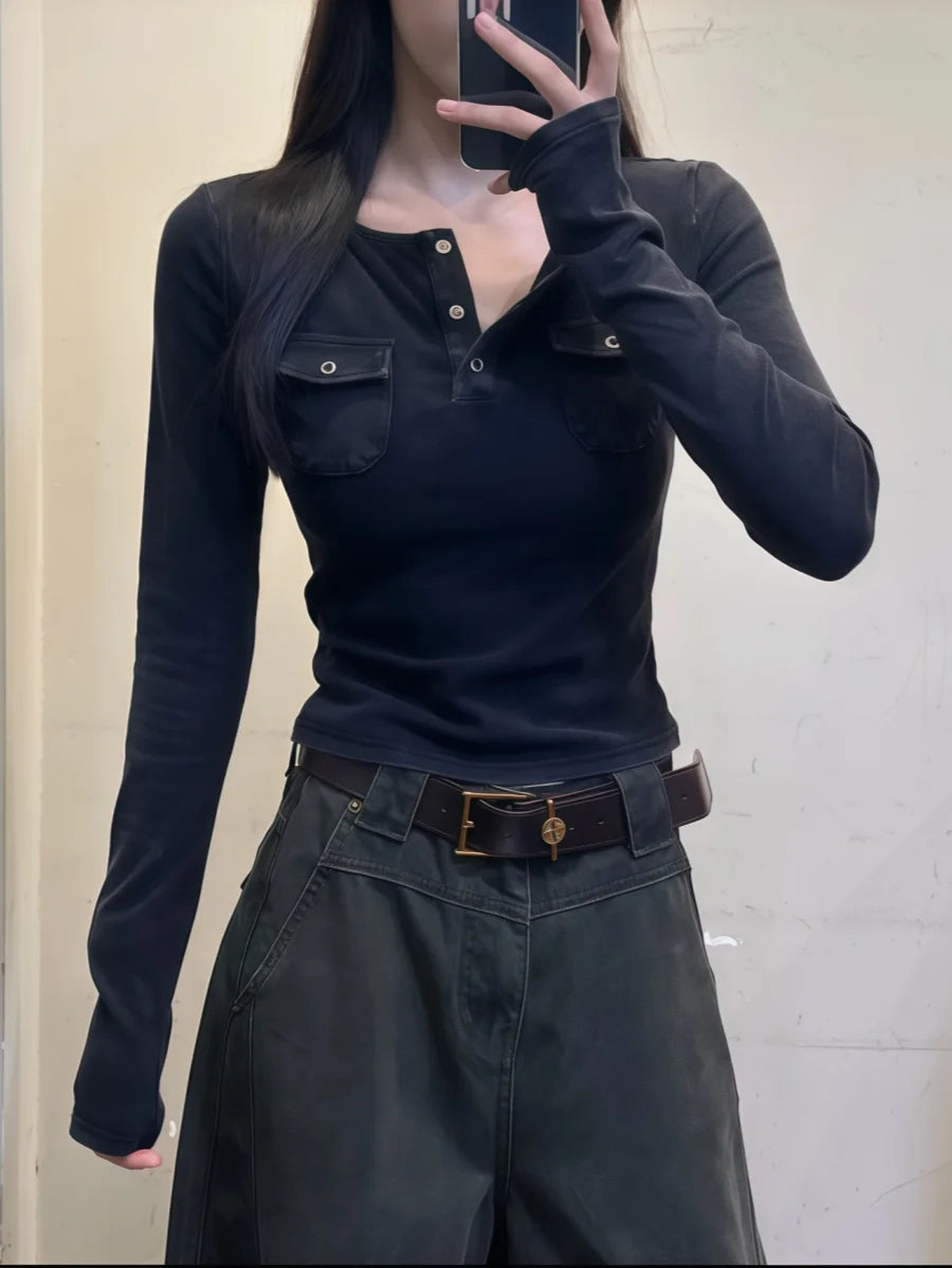 plus Size American Style V-Neck Long Sleeve Women's T-Shirt Slim Fit Base Layer Shirt Autumn New Style Pocket Design Top