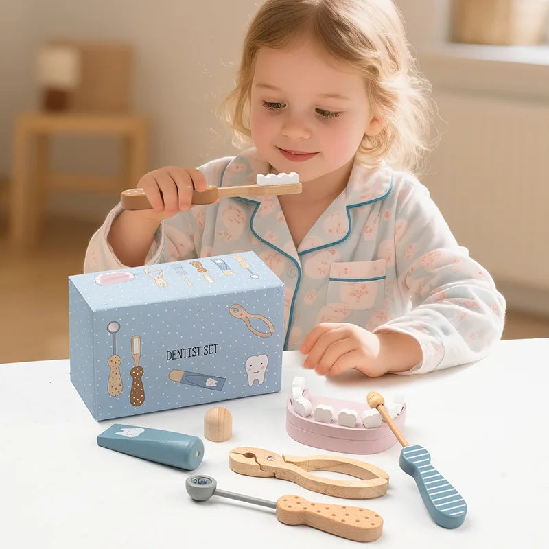 Kids Wooden Pretend Play Doctor Educational Toy Role Playing Games Simulation Dentist Check Brush Teeth Medicine Set Gifts