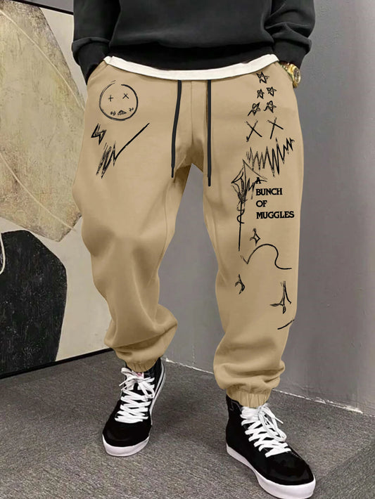Men's Gothic Jagged Metal Font Cross Wing Las Vegas Print Sweatpants Elastic Waist Soft Dark Punk Street Hip Hop Joggers