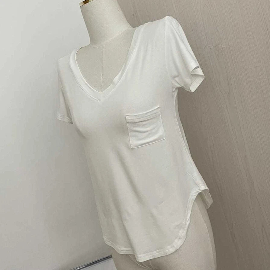 Women's Solid Color T-Shirt Summer Thin Fashion V-Neck Short Sleeve Loose Tees Casual Korean Soft Basic Top For Women