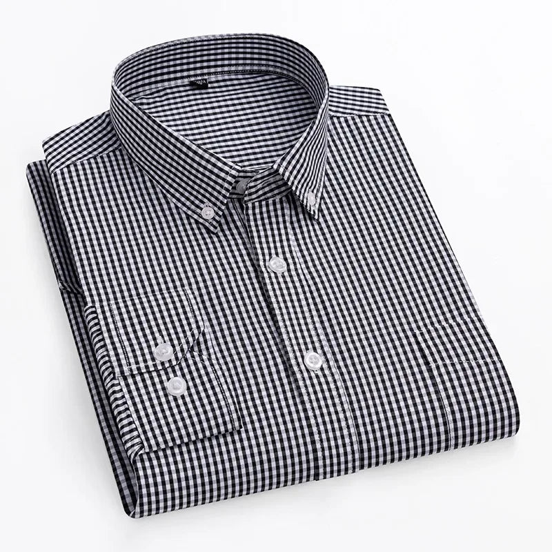 Thin Spring Summer 100% Cotton Shirts for Men Long Sleeve Checkered Dress Shirt Mens Blue Green Men Clothing Button Up Shirt