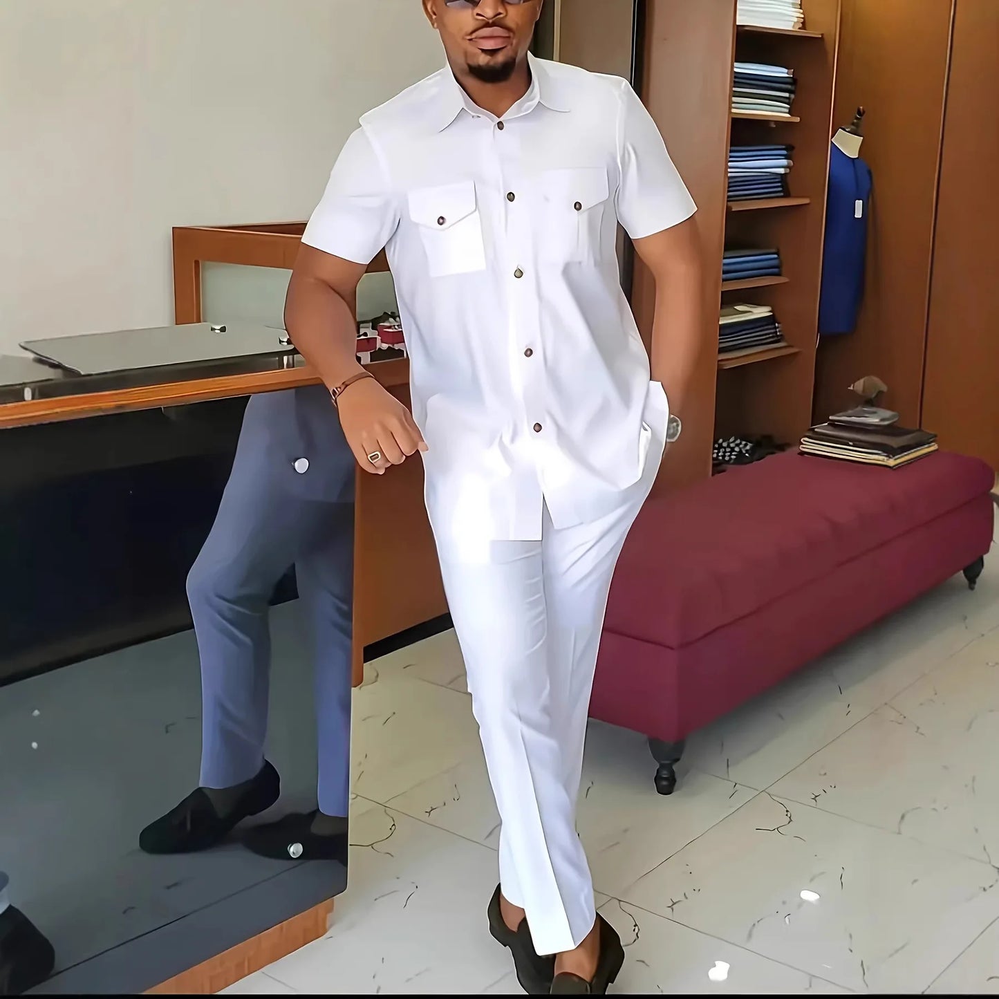 Fashionable Ethnic Embroidered Long Sleeve Long Pants Suit for Men New 2026 Style Summer Season round Neck Single Button Closure
