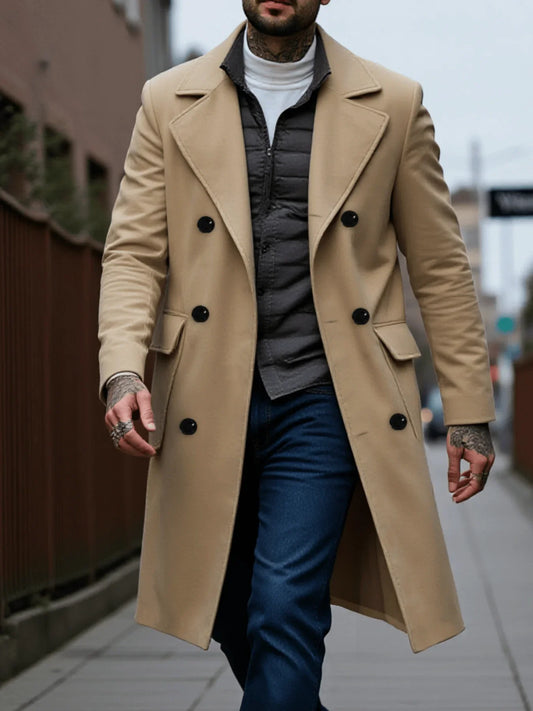 Men's Double-Breasted Wool Overcoat Thickened Winter Trench Coat Windproof Warm European American Fashion Trend