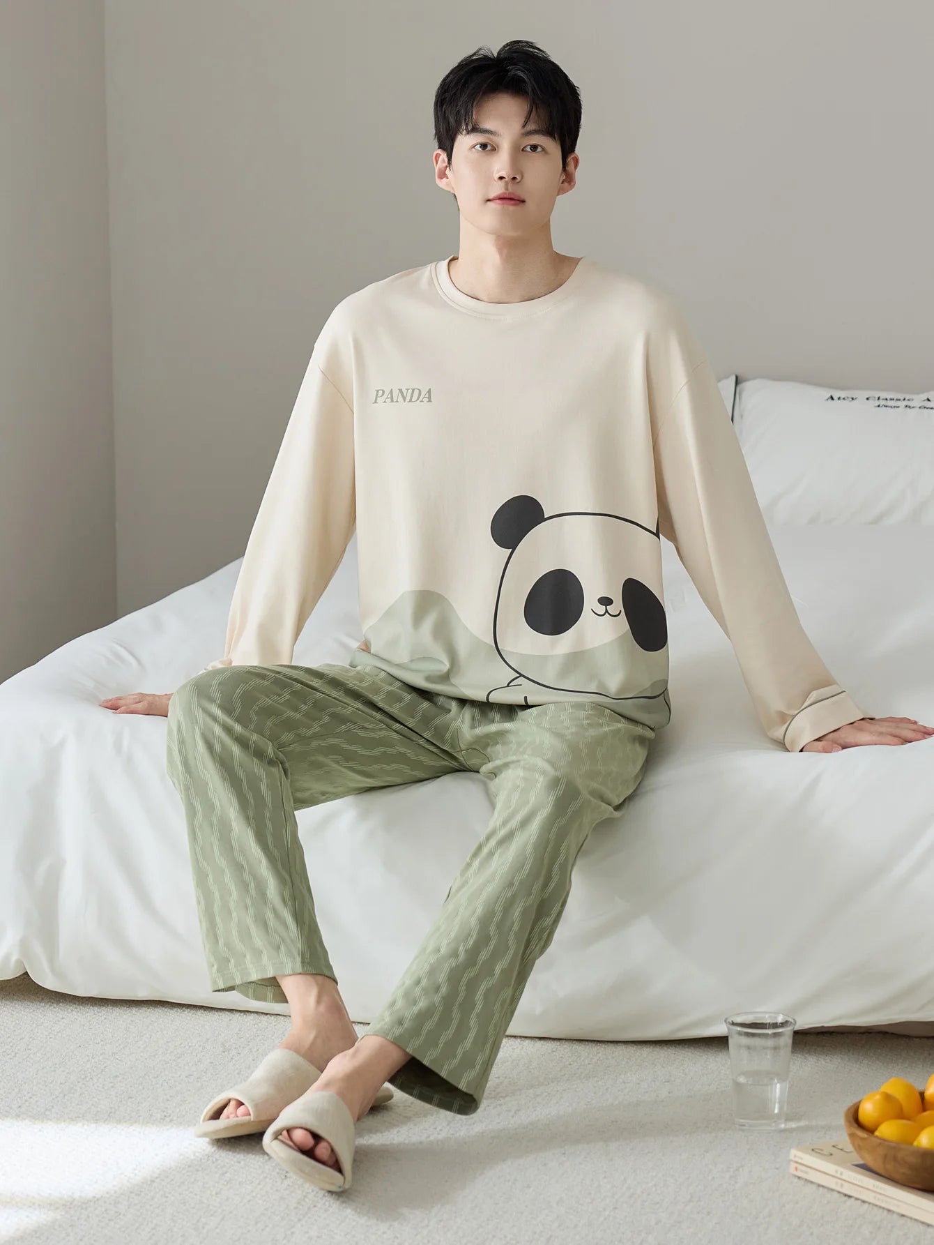 Men's 100% Cotton Long Sleeve Pajama Set, Spring Summer & All Season Plus Size Loungewear, Teen & Adult Pure Cotton Home Suit