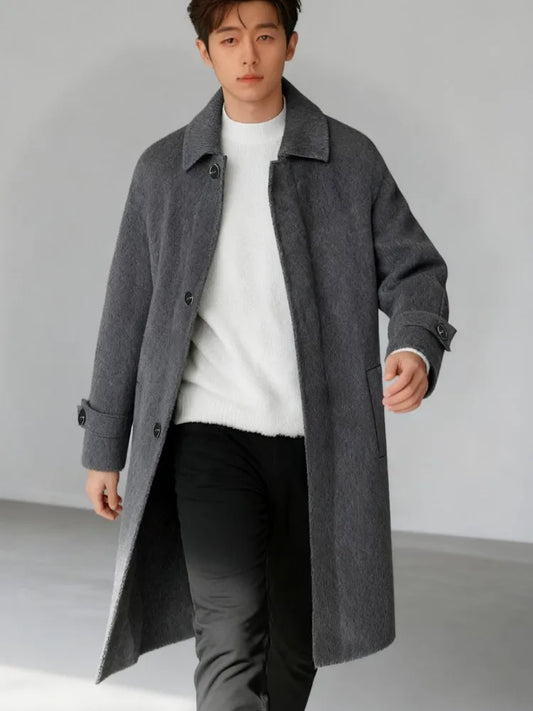 High Quality Men Double Face Wool Coat Business Casual Work Autumn Winter Warm Real Sheep Fur Long Coats Windbreaker Trench Grey
