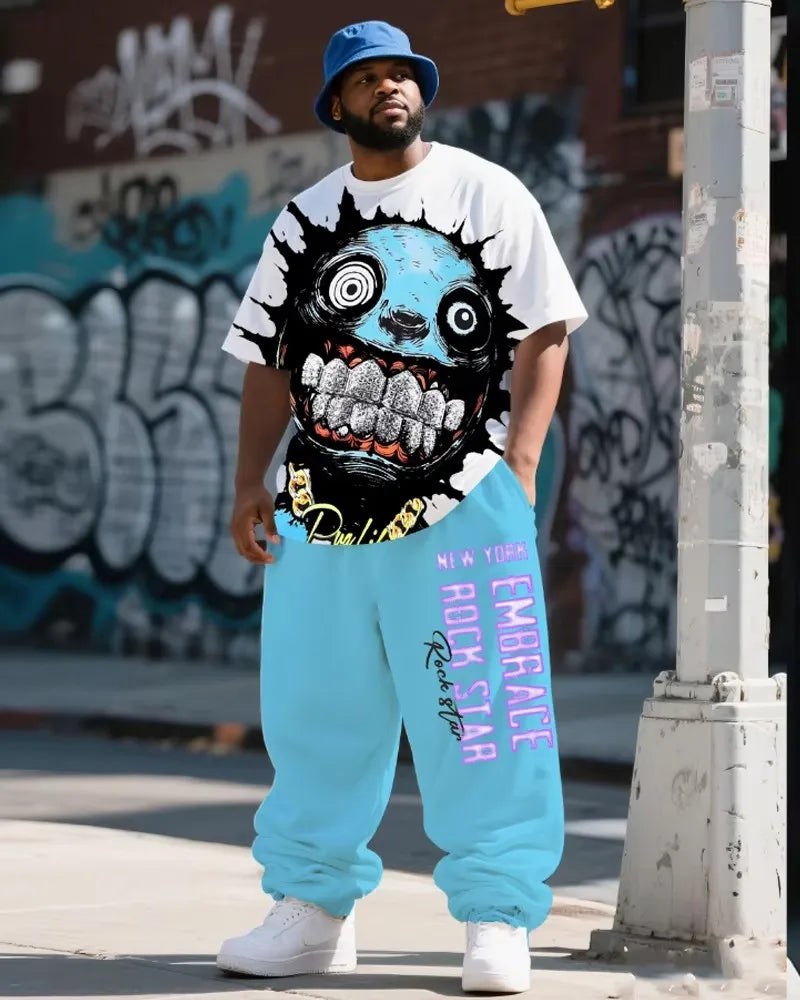 S-9XL Men's Plus Size Hip Hop Short Sleeve T-Shirt and Pants Two-Piece Set