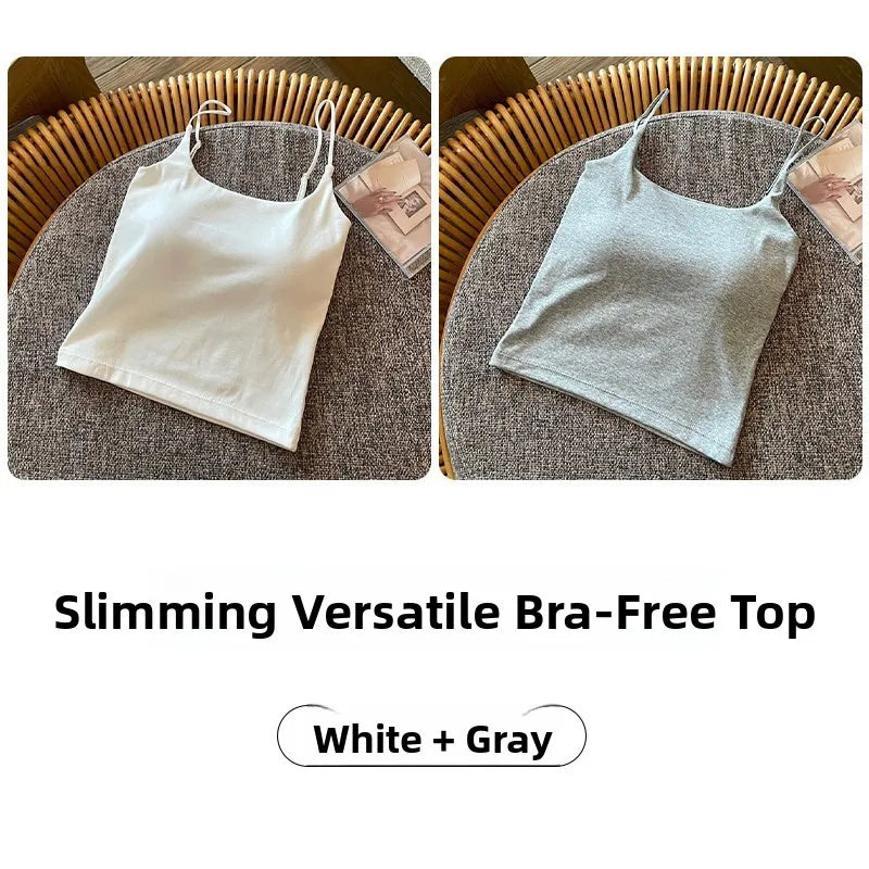 Summer New Small Strap Vest with Chest Pad Backless Integrated Inner And Outer Wear Slimming Color Short Top for Women
