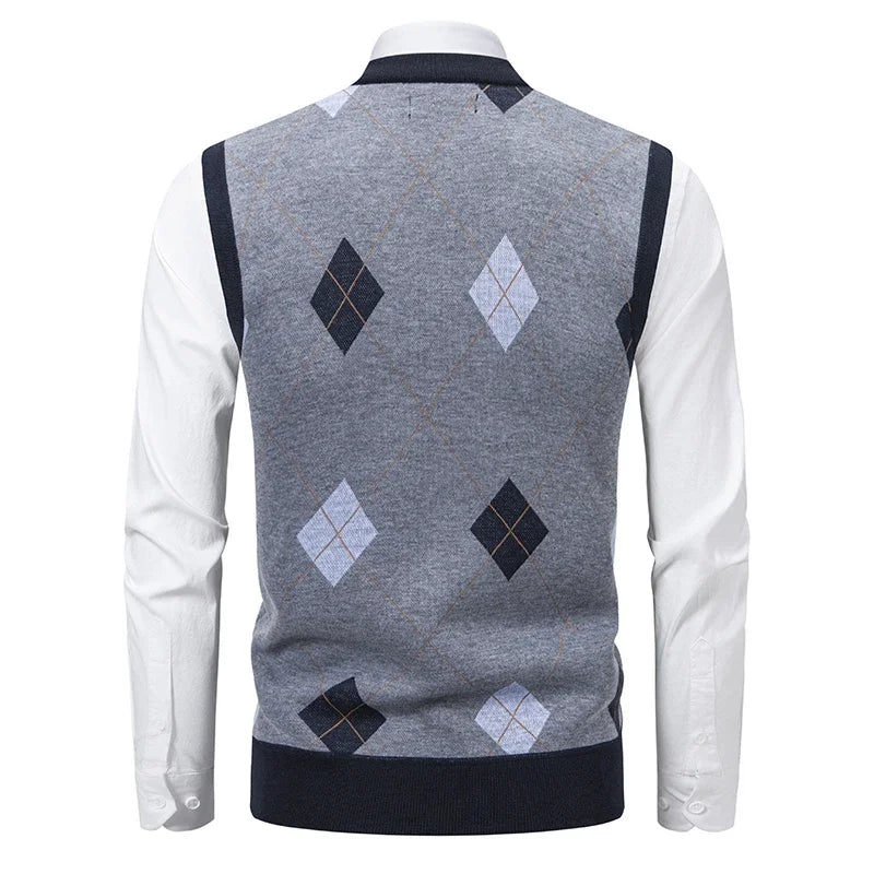 Men's Knitted Warm Sweater in Autumn and Winter V-neck Vest Diamond Grid Twisted Flower Casual Fashion Versatile Top