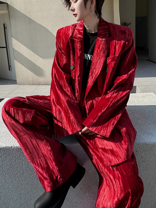 Mens Loose Fit Velvet Suit Set Red Double Breasted Blazer Jacket Pants Two Piece Set Spring New Banquet Party Suits Matching Set