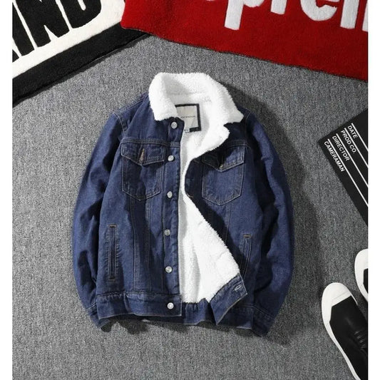 Men's Denim Jacket Fleece Lined Thickened Lamb Fur Collar Cotton Jacket Korean Loose Style Warm Cotton Coat Winter Outerwear