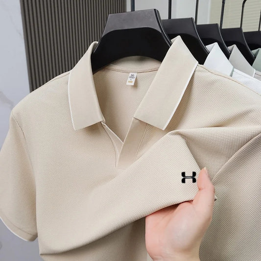 New Summer Men Striped Trim Collar Polo Shirt, Solid Quick Dry Breathable Plain Short Sleeve Top Mens Apparel