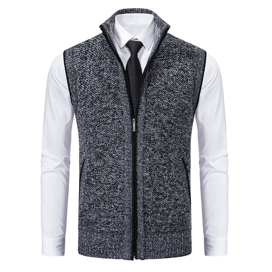 Men's Sleeveless Knit Cardigan, Stand Collar Lightweight Warm Fleece Thick Jacket Vest, Casual Business Outdoor Sports, Fall Win