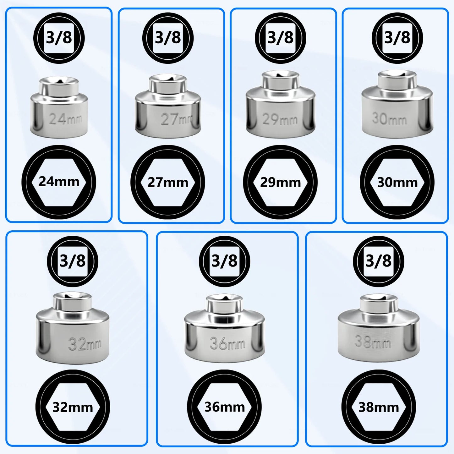 7-piece oil filter socket wrench set, 24mm to 38mm for Mercedes-Benz, BMW, VW, Audi, Boston and more