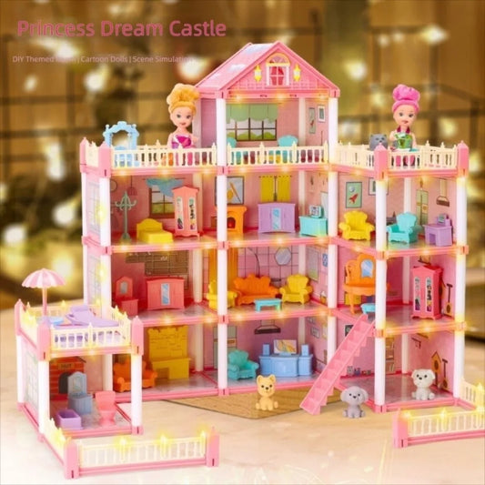 Creative 3D Doll House Set Miniature Furniture Toy Gift Role Play Toys with LED Lighting Villa House Girl