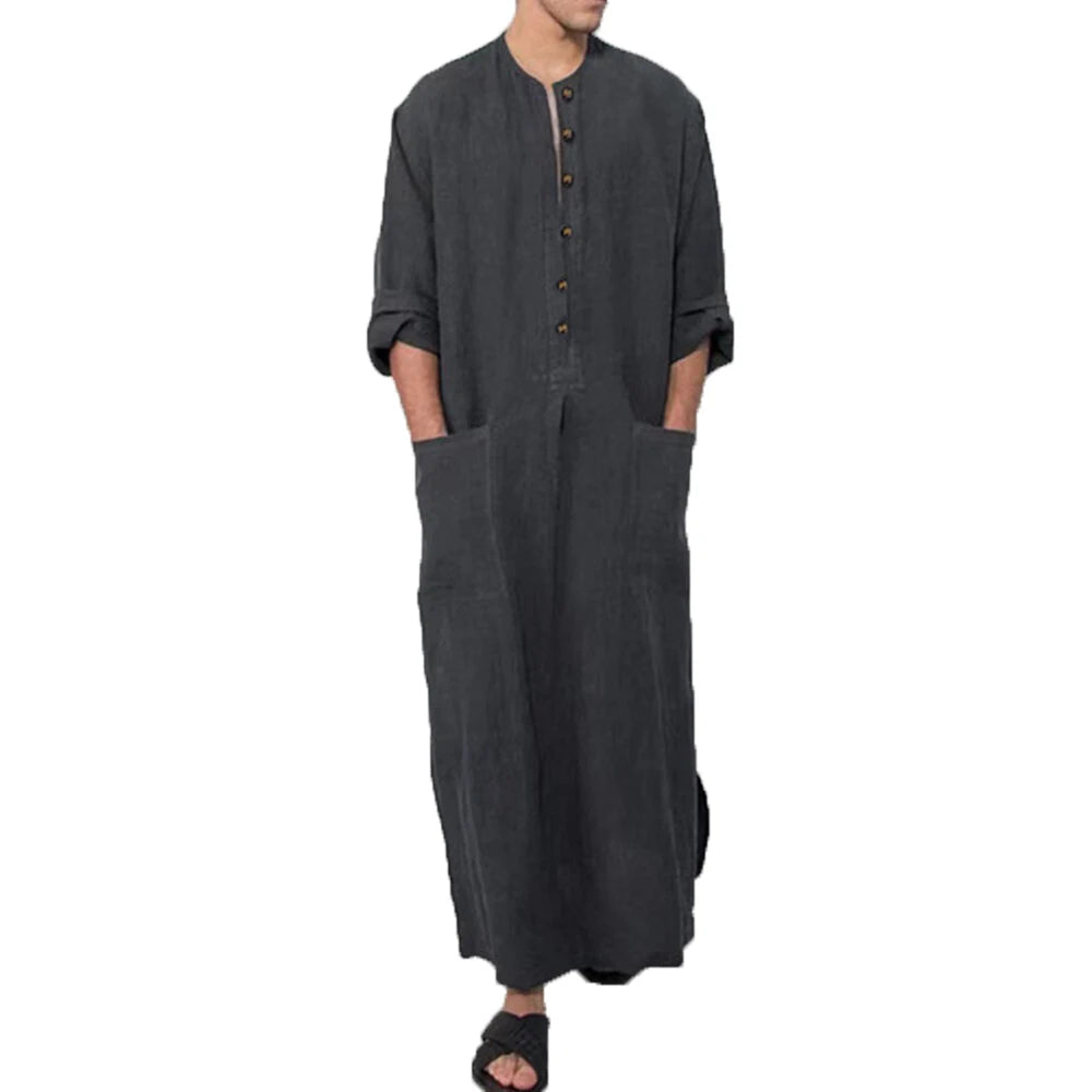Vintage Muslim Men Islamic Arabic Jubba Thobe Robes Male Long Sleeve Pakistan Dubai Kaftan Abaya Pocket Robes Saudi Arabia Dress