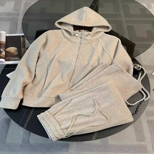 Korean Style Casual Sportswear Set Women's Autumn Winter Slimming Simple Fleece Zipper Sweatshirt Wide Leg Pants Two Piece Set