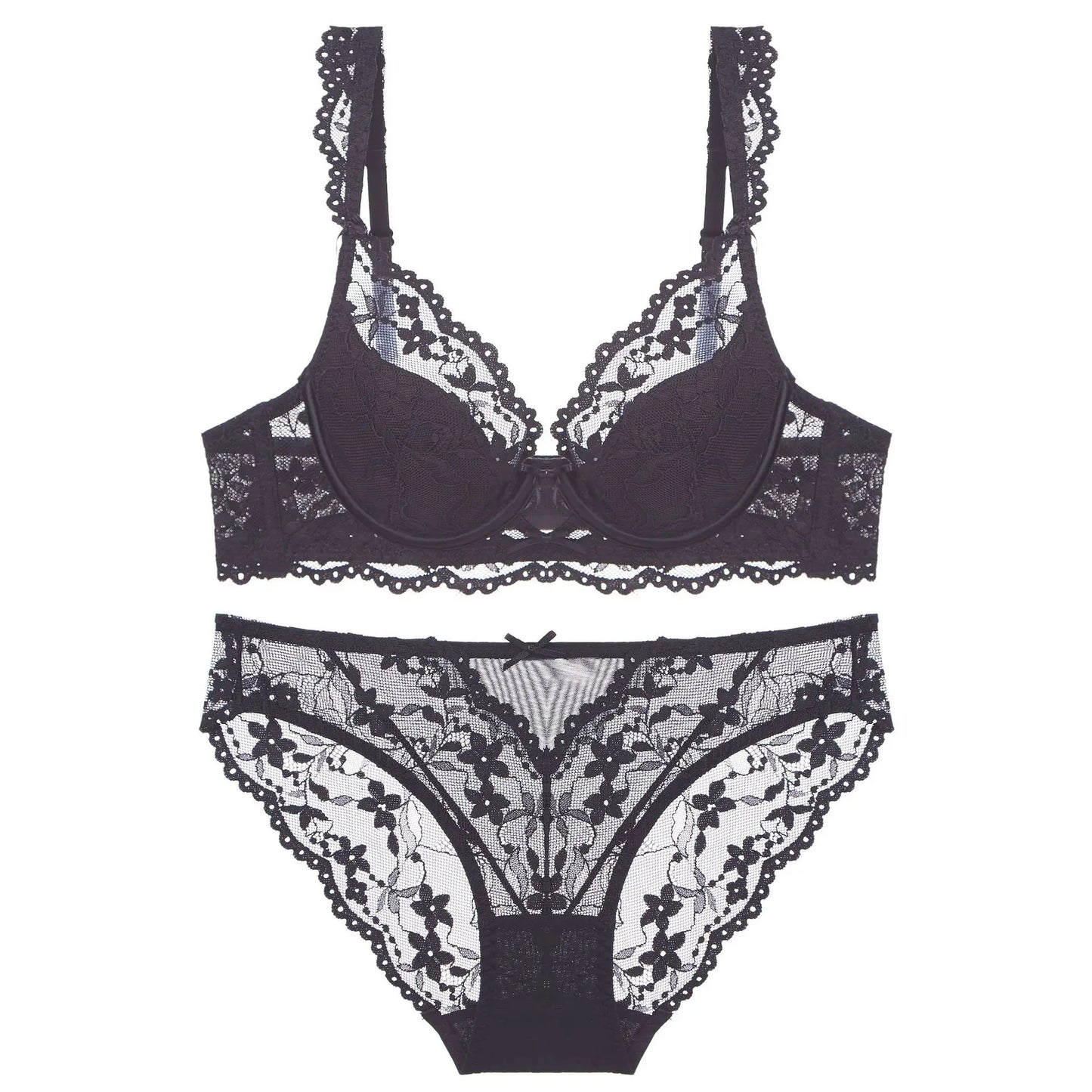 New Women Lace Flowers Embroidery Lingerie Set Sexy Hollow Thin Cup Push Up Bra Summer Comfort Underwear Adjustable Strap Bras