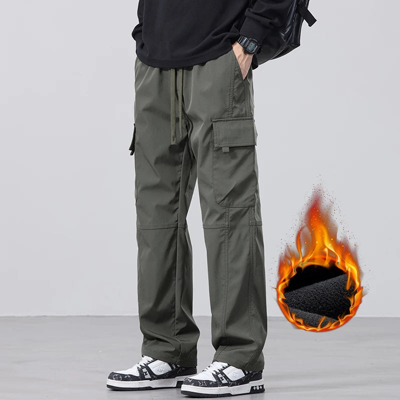 Men's Fleece Cargo Pants Winter Fashion Casual Pants Large Pockets Loose Velvet Trousers Male Plush Thickened Warm Pants