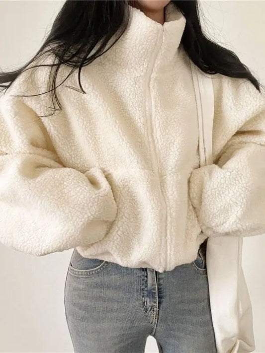 Korean Style Short Zipper Hoodie Women's Loose Fit Lamb Fur Vest Autumn Winter Streetwear Casual Long Sleeve Stand Collar Coat