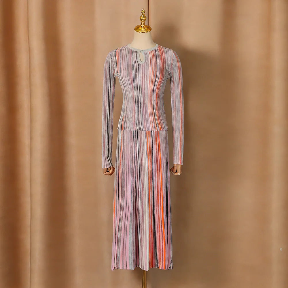 VGH Elegant Stylish Striped Knit Two Piece Set for Women Slimming Long Sleeve Pullovers Pleated Skirt Outfit for Cocktail Events