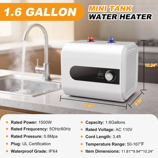 6L/1.6 Gallon Mini Tank Water Heater Electric, 1500W Under Sink Hot Water for Point of Use, 110V Instant Hot Water Heater for Kichen Bathroom Restaurant, Wall or Floor Mounted