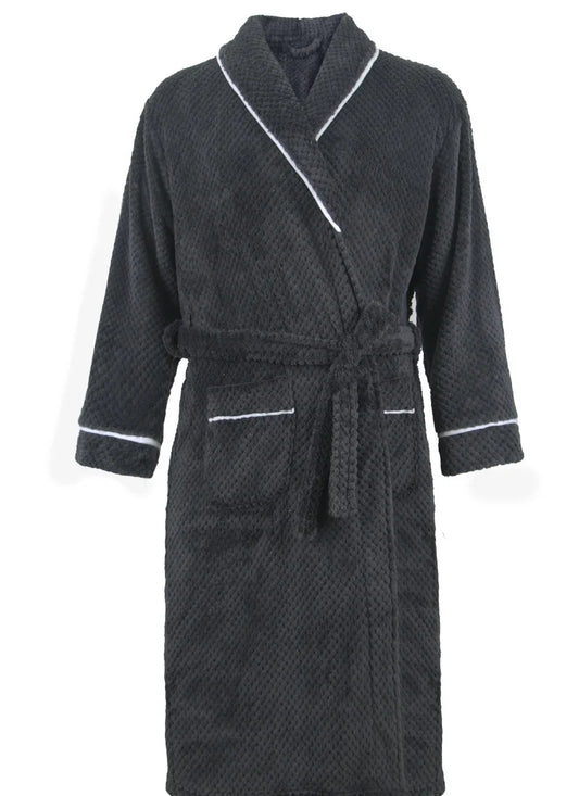 Men Coral Fleece Bathrobe Ultra Soft Jacquard Plush Long Sleeve White Trim with Pockets for Winter Home Luxury Warm Loungewear C